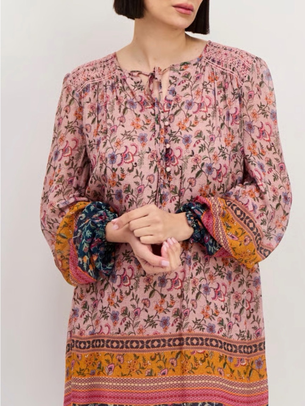 Johnny Was Jade Maha Mini Dress Tunic Smocked Long Sleeve Floral with Border - Picture 3 of 11